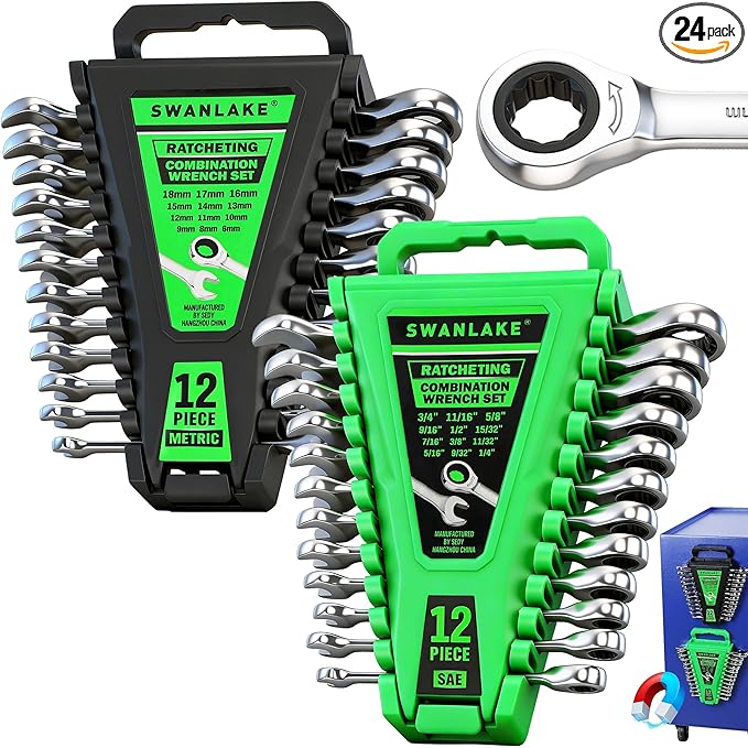 24-Piece Combination Ratchet Wrench Set, Metric (6-18mm) & SAE (1/4''-3/4'') Wrenches Set, 12-Point 72-Tooth Ratchet Spanners with Magnetic Base Organizer, Chrome Vanadium Steel for Auto Mechanic Tool