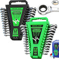 24-Piece Combination Ratchet Wrench Set, Metric (6-18mm) & SAE (1/4''-3/4'') Wrenches Set, 12-Point 72-Tooth Ratchet Spanners with Magnetic Base Organizer, Chrome Vanadium Steel for Auto Mechanic Tool