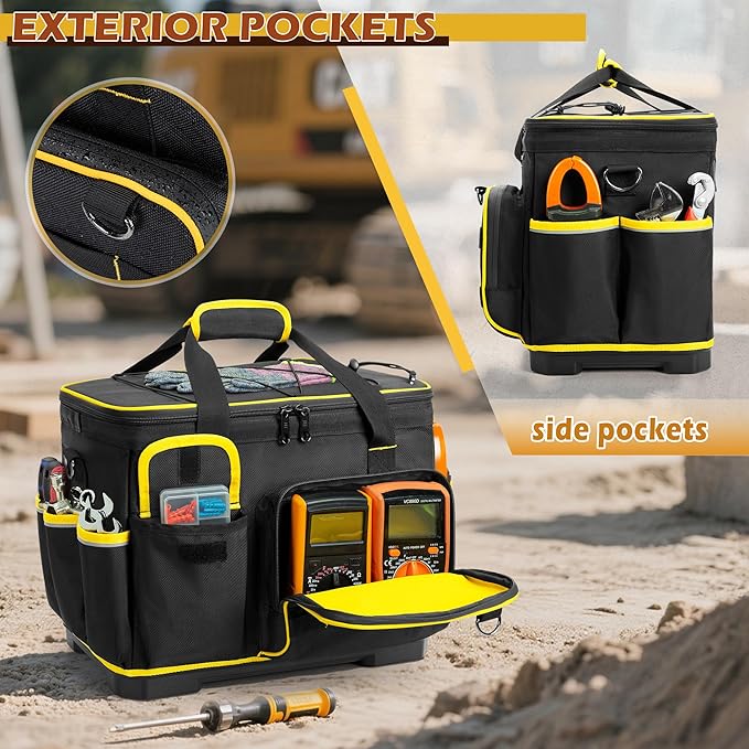 16-inch Tool Bag with Hard Bottom and a Detachable Divider, Heavy Duty Tool Tote with Multiple Pockets, Black