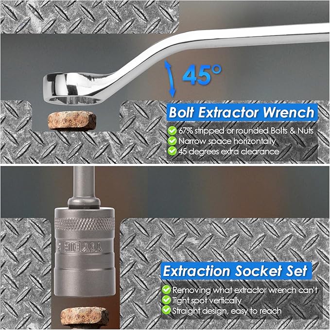 20Pcs Combo Bolt Extractor Kit, 6-Point Offset Extractor Wrench Set, 6Pcs Metric 8-19mm, 14Pcs Eazy Out Bolt Extractor Set, Impact Socket Remover for Stripped, Broken, Rounded Bolts & Nuts