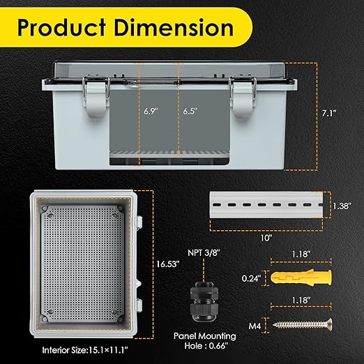 Waterproof Electrical Junction Box, IP67 ABS Plastic Junction Box Enclosure with Aluminum DIN Rail, Mounting Plate, Wall Brackets for WiFi Electronics Project, Clear (16.1''×12.2''×7.1'')