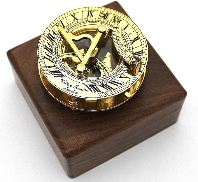 THOR INSTRUMENTS Solid Brass Sundial and Compass in Hardwood Box - Polished Brass Sundial Compass Rustic Vintage Home Decor Gifts