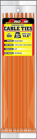 Pro Tie Standard Duty, Self-Locking Nylon Cable Wire Ties for Indoor and Outdoor Use | 14.6-Inch, 50 lbs. Tensile Strength, Orange Nylon, 100-Pack (PN: OR14SD100)