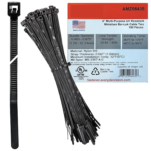 Bar Lok 4” Zip Ties – 100 Pieces, Black – Made in America – Weather, UV & Impact Resistant Plastic Cable Ties for Binding Bundling & Organizing Wire Cable & More – Indoor & Outdoor (4", 100ct)