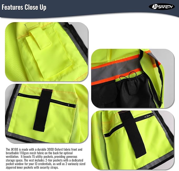 JKSafety Hi-Vis Unisex Surveyor Safety Vest Heavy Duty PPE Inner Pockets ANSI/ISEA Compliant