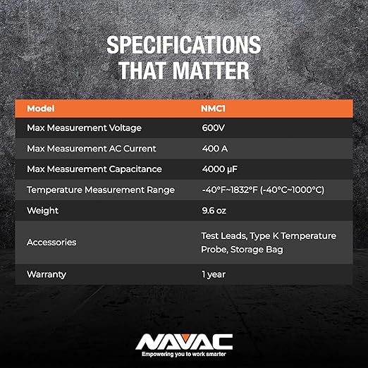 NAVAC NMC1 Digital Clamp Meter - HVAC Multimeter Clamp - Backlit Display - Adjustable Large Jaw - High Precision Chip - Compact Design