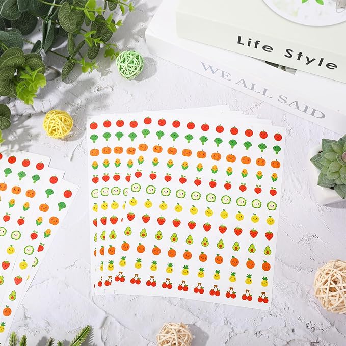 JarThenaAMCS 2400Pcs Mini Fruit Vegetable Sticker Smile Face Paper Decal 12 Cute Designs Adhesive Sticker for Planner Envelope Scrapbook DIY Supplies, 0.5 in