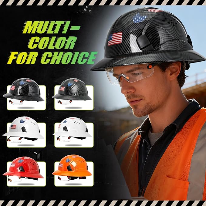 Carbon Fiber Pattern Full Brim Hard Hat with Visor-OSHA Approved Construction Safety Helmet for Men Women,ANSI Z89.1 Vented Reflective Hardhat with Hard Hat Chin Strap,6-Point Suspension