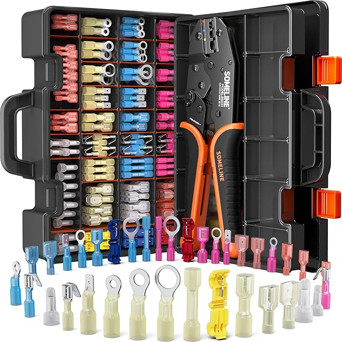 SOMELINE Crimping Tool for Heat Shrink Connectors Kit, 22-10 AWG Ratchet Crimping Pliers, with 36 Size Marine Grade Heat Shrink Terminals and Nylon Disconnect Terminals, Wire Crimping Tool Kit