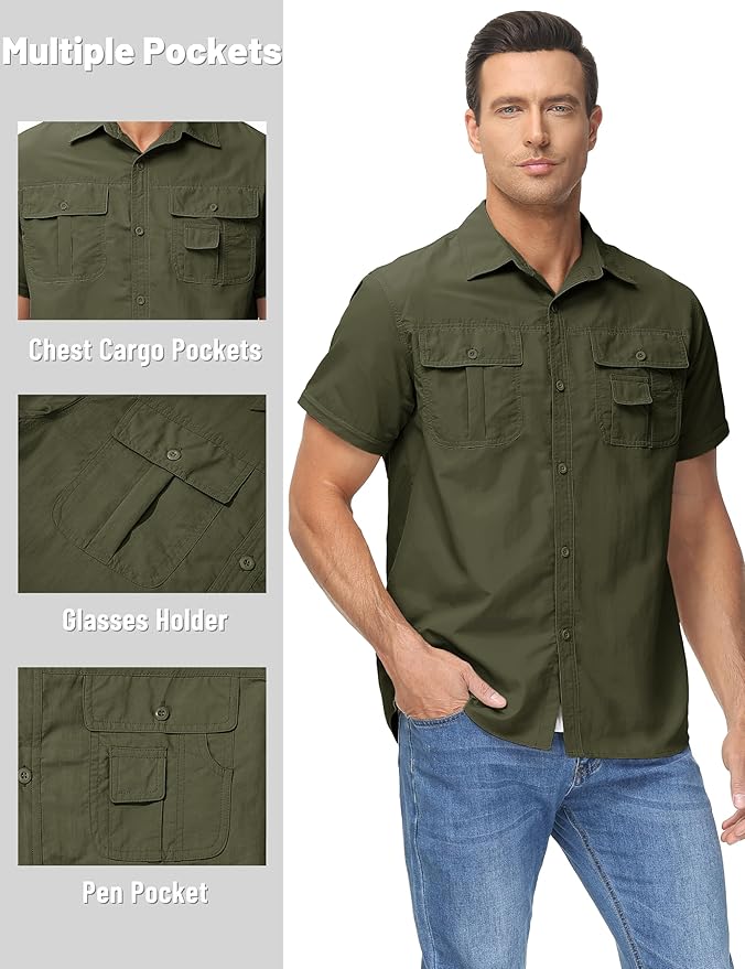 TACVASEN Men's Convertible Long Sleeve Fishing Shirts Lightweight Quick Dry Button Up Tactical Sun Shirts for Safari Hiking