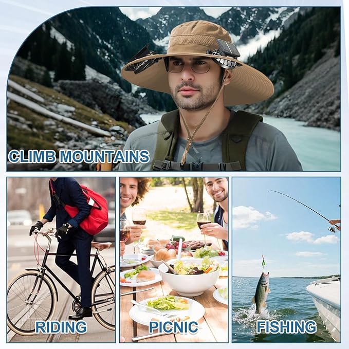Wide Brim Solar Fan Outdoor Fishing Hat, 2 Solar Fan Hats for Men, Hat with Solar Fans Built in, Fishing Hat with Fan for Men