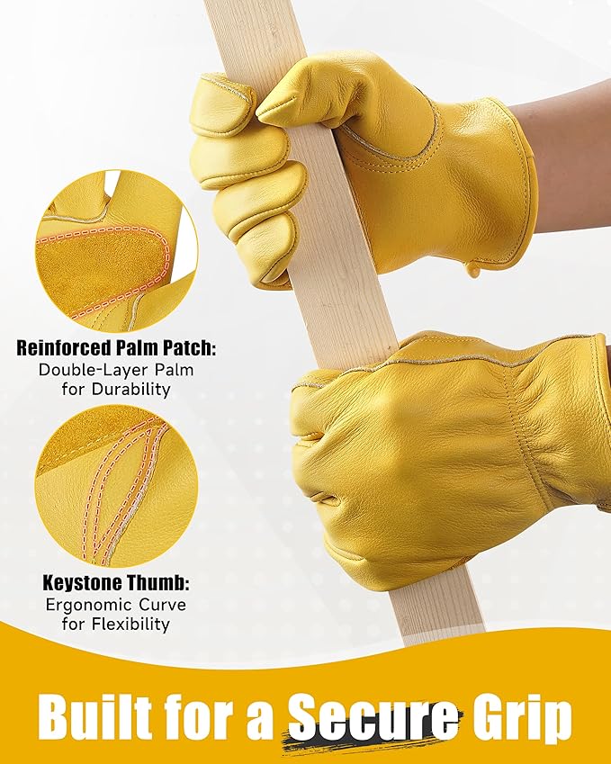 DULFINE Cowhide Leather Work Gloves for Men & Women, Reinforced Durable Gardening Gloves, Puncture & Cut Resistant
