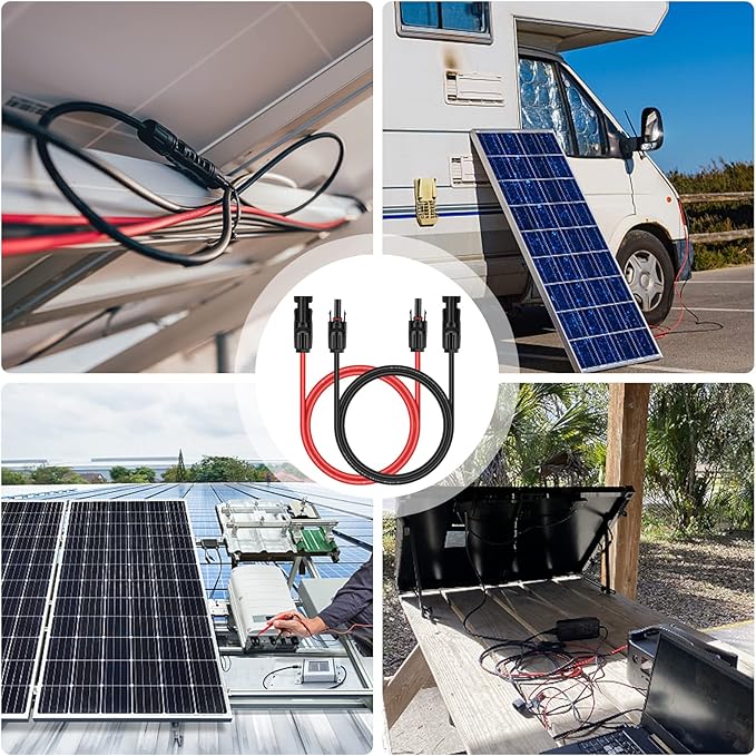 iGreely 1 Pair 6 Feet Black + 6 Feet Red 10AWG(6mm²) Solar Panel Extension Cable Wire with Female and Male Connectors