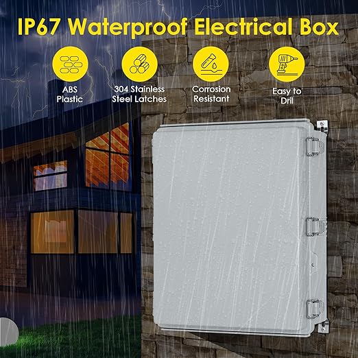 Waterproof Electrical Junction Box Outdoor, IP67 Plastic Weatherproof Electrical Enclosure for WiFi Electronics, with Aluminum DIN Rail, Mounting Plate, Wall Brackets (20.1''×16.1''×7.9'')