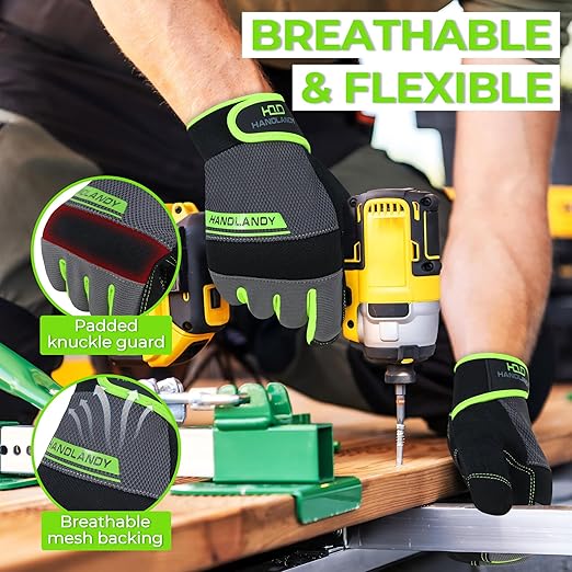 HANDLANDY Work Gloves Mens & Women, Utility Safety Mechanic Working Gloves Touch Screen, Flexible Breathable Yard Work Gloves (Large, Green)