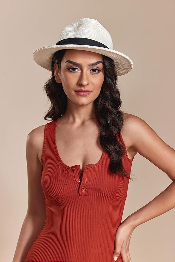 Joywant Womens Straw Fedora Beach Sun Hat, Packable Wide Brim Panama Hat for Women UV UPF50+ Summer Hat