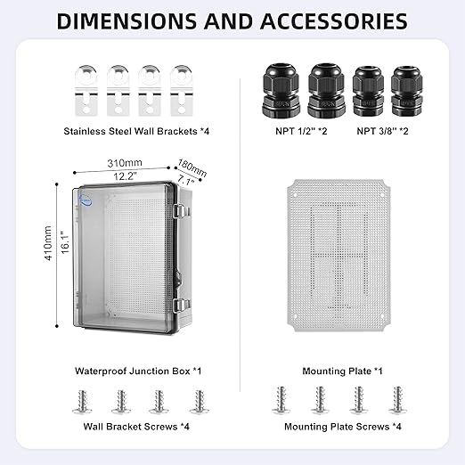 Waterproof Outdoor IP67 Junction Box(16.1"x12.2"x7.1") with Mounting Plate, Hinged Clear Cover and Wall Brackets - Weatherproof ABS Plastic Electrical Enclosure for DIY Projects(410x310x180mm)