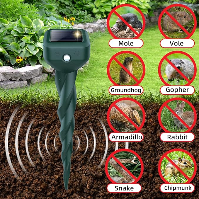 Mole Repellent Solar Powered, 4 Pack Snake & Rabbit Repellent for Yard, IP 65 Waterproof Ultrasonic Deterrent Stakes, Get Rid for Armadillo, Gopher, Vole, Chipmunk, Deer, Groundhog for Lawns Garden