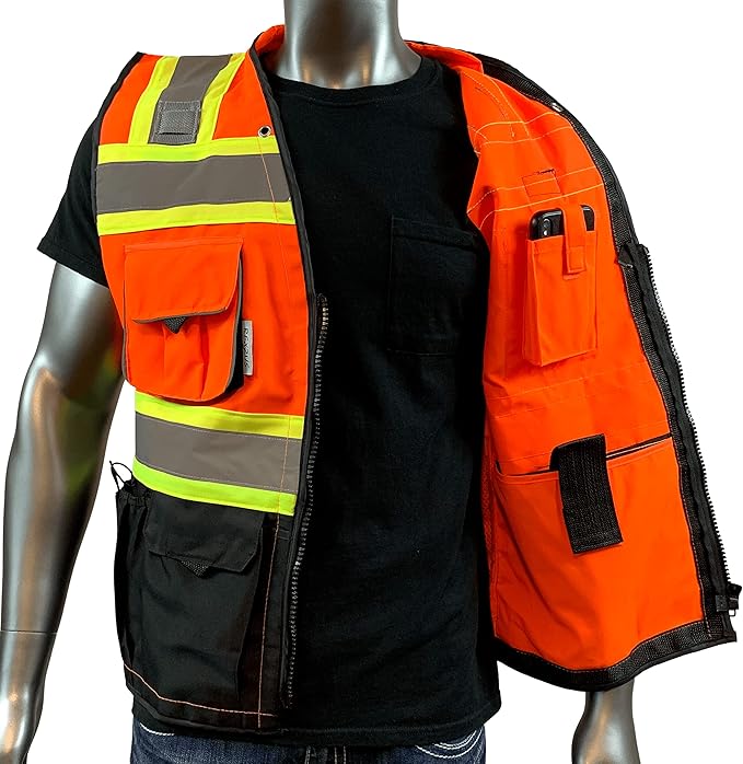 C Vest for Mens Safety Vest With Zipper and Utility Pockets Premium Black Series Surveyors Vest (Large, Orange/Black)