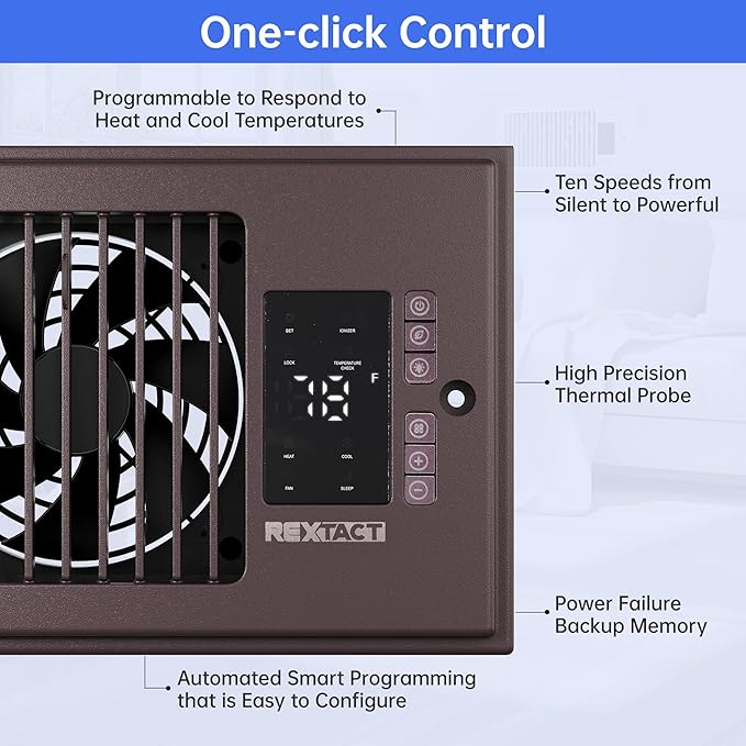 Register Booster Fan,10-Speed Smart Heating Cooling AC Vent Fan for 4" x 10" vent booster,Register Vent with Thermostat,for Room,Home(Brown)
