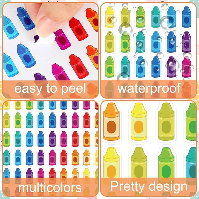 JarThenaAMCS 2400Pcs Back to School Mini Sticker Small Crayon Paper Decals Colorful Self-Adhesive Stickers for Classroom Envelopes Scrapbook Gifts DIY Supplies, 0.3 x 0.7 in