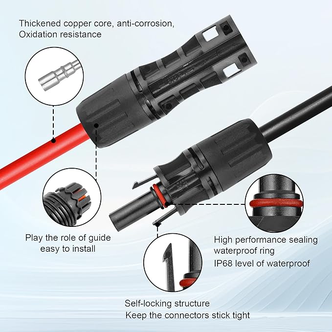 30 FEET 8AWG Solar Panel Extension Cable,8 Gauge Extension Cord, Solar Panel Wire with Extra Fair of Female and Male Quick Connectors Solar Adapter for RV, Off-Grid Systems (30FT Red + 30FT Black)