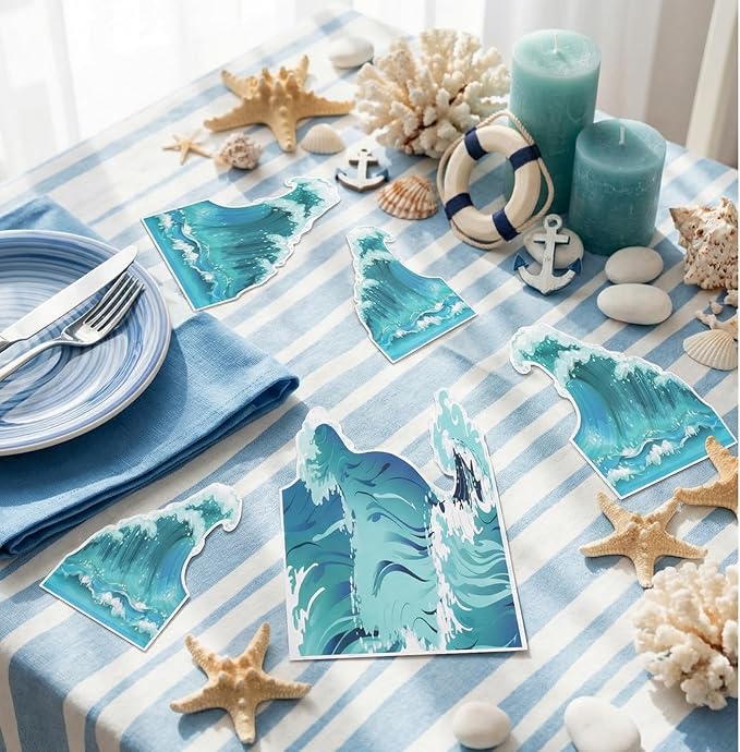 48 Pcs Ocean Waves Stickers 3 Sizes Ocean Theme Party Decorations Set Blue Turquoise Waves Cutouts for Sea Beach Border Trim Blue Wave Waterproof Home Office Wall Decor with Adhesive Dots