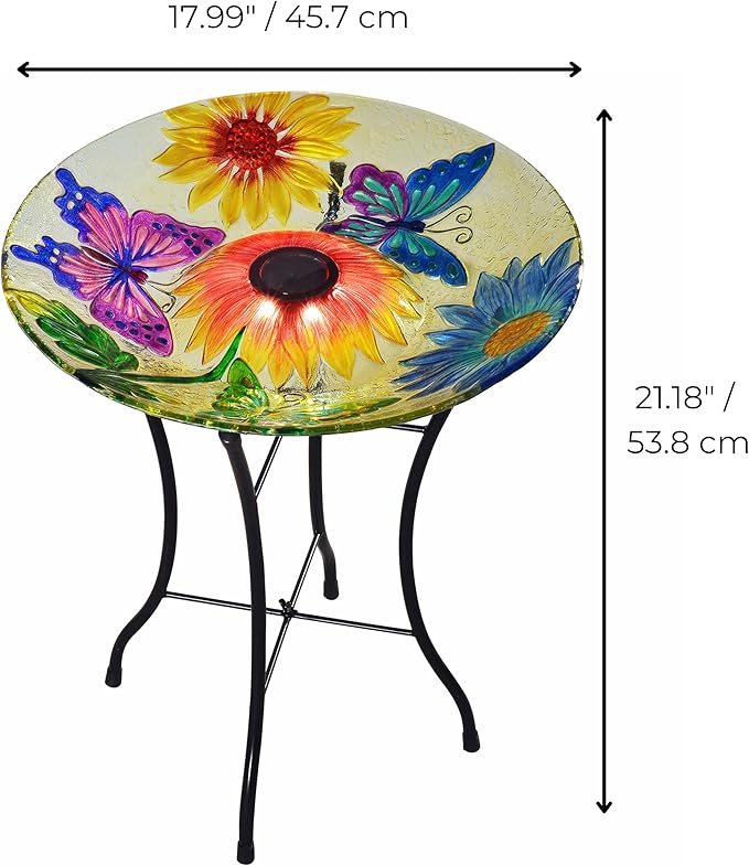 Teamson Home Handpainted Butterfly Fusion Glass Solar Birdbath Bowl Feeder with LED Light for Outdoor Patio Garden Backyard Decking, 21 Inch Height, Yellow