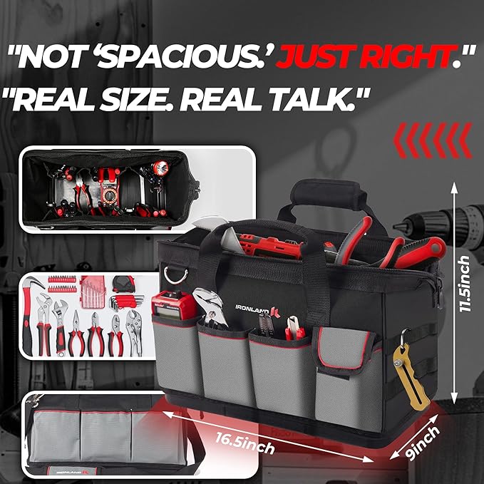 IRONLAND Hard & Sturdy Bottom Tool Bag Organizer 16.5 Inch for Men, Waterproof Heavy Duty Tool Bag with Soft Handle Large Zipper, Ideal for Mechanics Electrician Handyman Hvac, Great Gift for Dad
