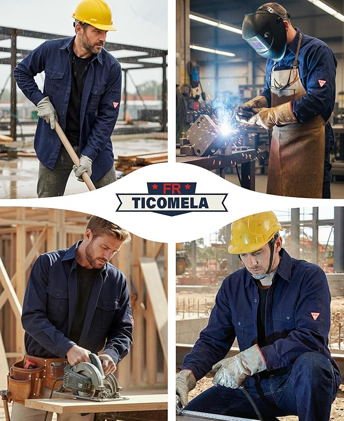 TICOMELA Men’s Mid-Weight FR Welding Shirt, 7.5oz 100% Cotton NFPA 2112 CAT2 – Flame-Resistant Button-Down Work Shirt