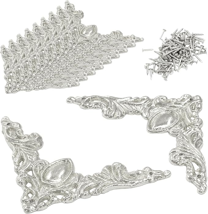 32Pcs Vintage Metal Corner Protector, Antique Edge Decorative Protectors Scrapbooking Albums, Decorative Corner for Photo Frame/Jewelry Box (Silver)