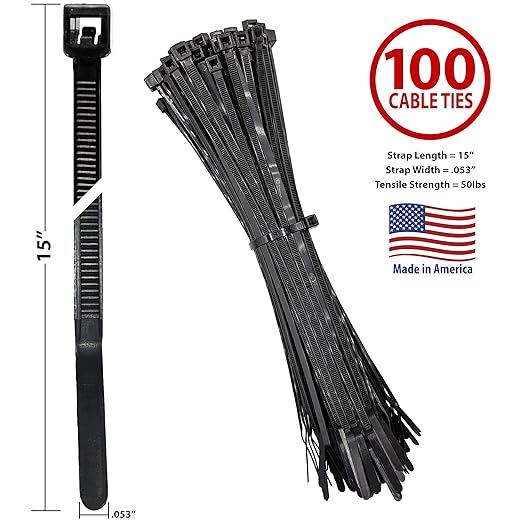 Bar Lok 15” Zip Ties – 100 Pieces, Black – Made in America – Weather, UV & Impact Resistant Plastic Cable Ties for Binding Bundling & Organizing Wire Cable & More – Indoor & Outdoor (15", 100ct)