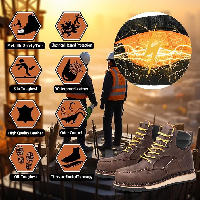MWORK 6" Moc Toe Work Boots For Men Wedge Sole Leather Waterproof ASTM F2413-18 Safety Metallic Toe EH Rated Arch Support Anti Fatigue