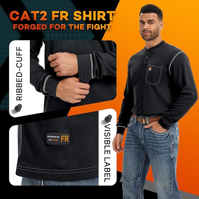 WORKWEYA FR Shirts for Men 6.5 oz Flame Resistant Long Sleeve Henley Shirt NFPA 2112/CAT2