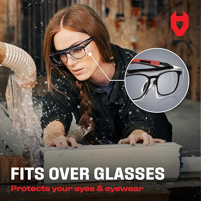 NoCry Safety Glasses Over Eyeglasses for Men and Women with Anti Scratch Lenses and Integrated Side Shields — Adjustable Temples with Anti-Slip Tips — 100% UV Protective Eyewear — ANSI Z87 Certified