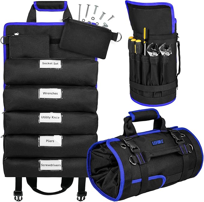 Tool Bag,Large Roll Up Tool Bag Organizer,13 Pockets Tool Roll Storage Pouch,Heavy Duty Portable Tool Storage Carrier Bag for Men,Mechanic,Electrician,Valentines Day Gifts for Men,Black/Blue