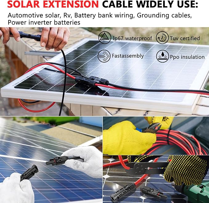 2x40 Feet Solar Panel Extension Cable, 10AWG Solar Cable, Solar Panel Cable with Female and Male Waterproof Connectors for RV, Photovoltaic Systems (40FT Red + 40FT Black)