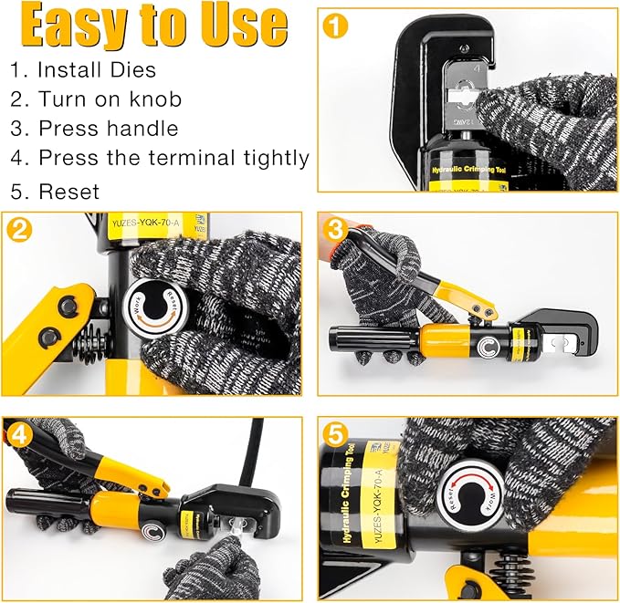 YUZES Hydraulic Crimping Tool and Cable Cutter, 12 AWG to 00 (2/0), 10 Tons Battery Cable Crimper Tool with 9 Crimping Dies, Crimping Tool for Cable Lug, Wire Terminal Lug