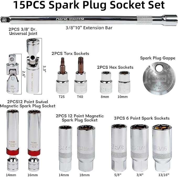 16PCS 3/8" Drive Torque Wrench with Magnetic Spark Plug Socket Set, ±3% Precision Dual Direction Torque Wrenches with 72-Tooth Dual Range Scales with Ft.Lbs and N.m(5-45ft.lb/6.8-61Nm)