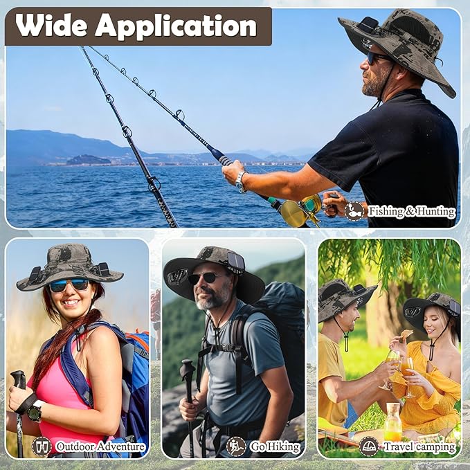 Berlune Men Sun Hat with 2 Solar Fans Wide Brim Outdoor Fishing Hat USB & Solar Powered for Sun Protection Camping Hiking