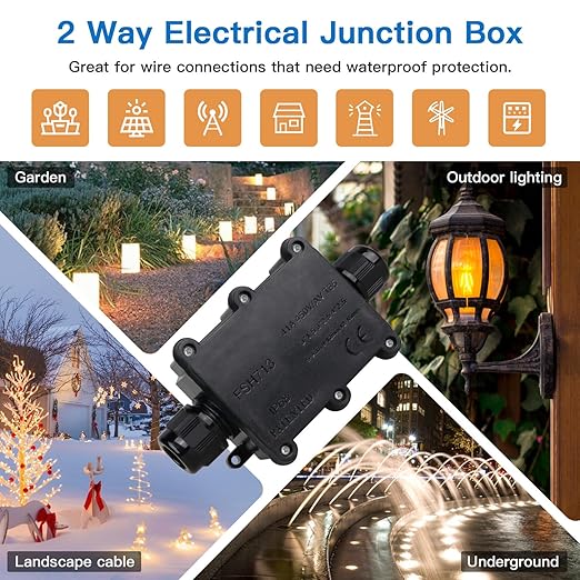 Helunsi Waterproof IP68 External Junction Box, 2 Way Outdoor Junction Box, Underground Plug Line Coaxial Cable Connector Wire Range 5 to 15mm Electrical Power Cord Weatherproof Junction Boxes - Black