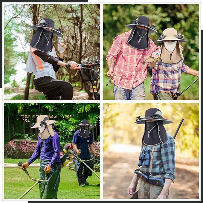 2 Pcs Solar Fan Hats Wide Brim Fishing Hats with 2 Solar Fan and Removable Face Cover Cooling Buckets for Men Women