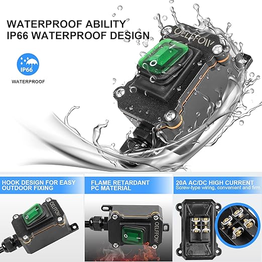 Waterproof On Off Toggle Switch with Green Light Rocker Button Inline Cord Switch DPST AC/DC 20A-125V,16A-250V,30A-24V,35A-12V, IP66