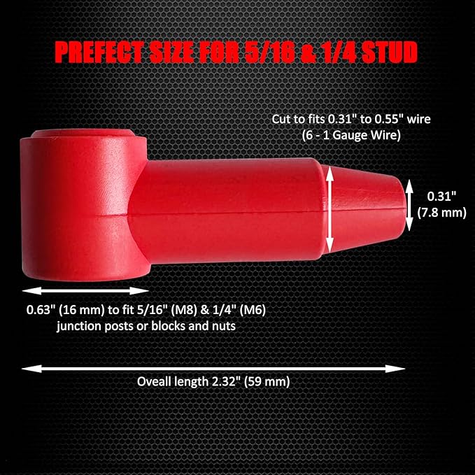 Ampper 12 Pcs Long Silicone 1/4", 5/16" Stud Terminal Covers, Flexible Post Terminal Cover Protector Boot for Battery Power Junction Block Post, Fits 6-1 Gauge Wire (Red & Black)