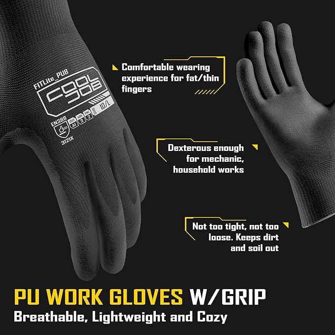 COOLJOB 12/60 Pairs Safety Work Gloves Pack Bulk with Grip PU Coating, 13 Gauge Seamless Knit Gloves with Polyurethane Dipped for Warehouse Working, Breathable Lightweight for Men Women, Black Small