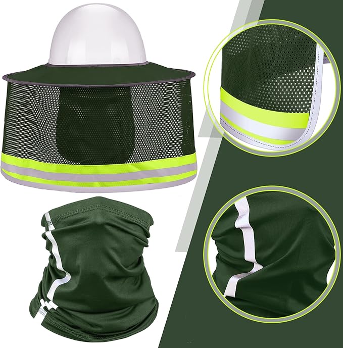 SATINIOR 3 Pcs Sun Hard Hat Neck Protection High Visibility Full Brim Mesh Sun Protection Bandana Headband Arm Sleeves with Reflective Strap for Construction Helmet Hard Hat(Military Green)