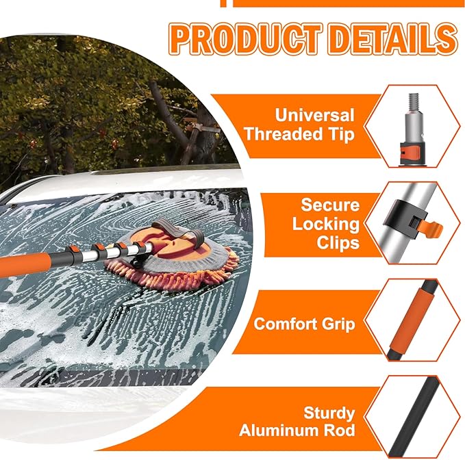12FT Car Wash Brush with Long Handle, Car Cleaning Kit with Soft Bristle Wash Brush, Microfiber Cleaning Mop, Window Squeegee, Mitt, Wheel Brush, Bucket, Drying Towel for RV, Truck, Boat