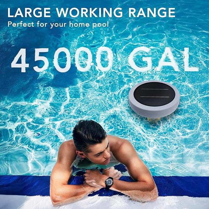 Solar Pool Ionizer - Enhanced with Latest Solar, 90% Less Chlorine, for Pools up to 45,000 Gal, Technology & Longer-Lasting Anode, Reduces Chlorine- Mineral-Based Pool Cleaning Device （Gray）