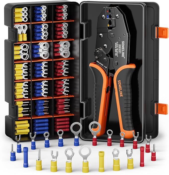 SOMELINE Wire Connectors Kit with Crimping Tool, 21 Types (UL Listed) Premium Insulated Electrical Terminals Assortment, 22-10 AWG Ratchet Wire Crimper - Ring, Fork, Butt, Pin Connectors (147 Pcs)