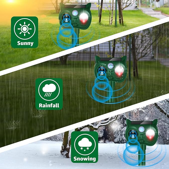 Solar Ultrasonic Animal Repellent Outdoor Motion Sensor Deer Repellent Devices Squirrel Cat Raccoon Rabbit Deterrent with Strobe Light Dual Mode, Keep Skunk Away Protection for Yard Garden Lawn 1PC
